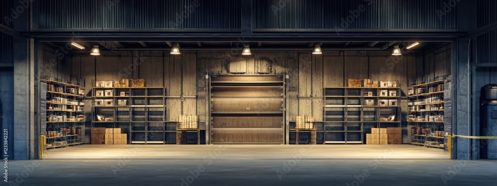 Aufkleber warehouse interior showcasing organized shelving units filled with merchandise and ample empty space