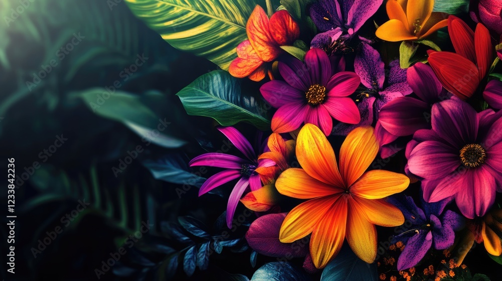 Poster vibrant and colorful flowers illuminated by sunlight set against a dark background with ample copysp