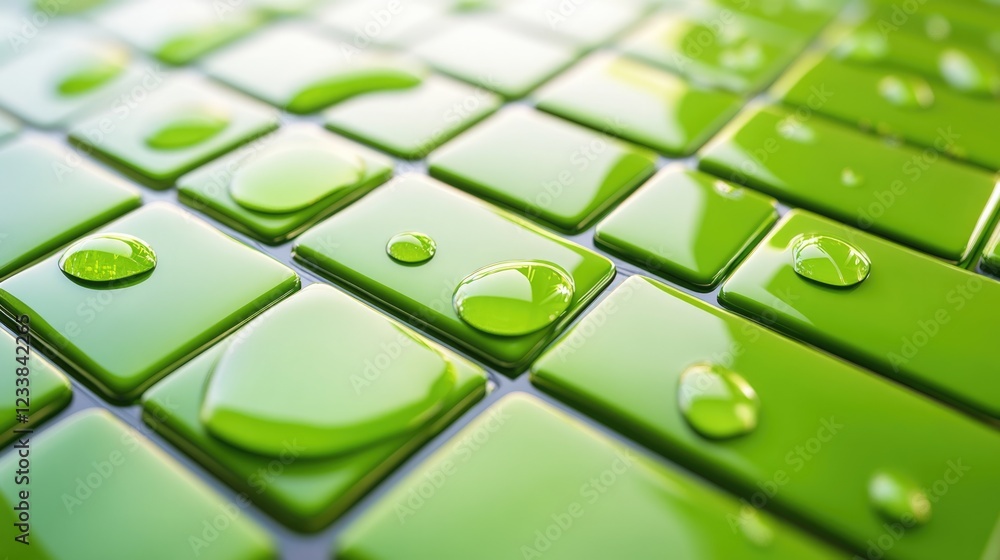 Poster three dimensional green tile background with water drops macro image and empty space for text or des