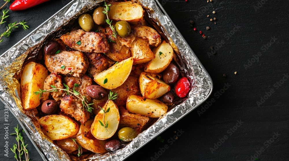 Poster crispy potato wedges olives and pork seasoned with herbs served in foil container on dark backdrop w