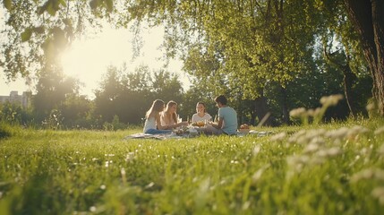 Four people enjoy a picnic in a grassy field on a sunny day with trees in background