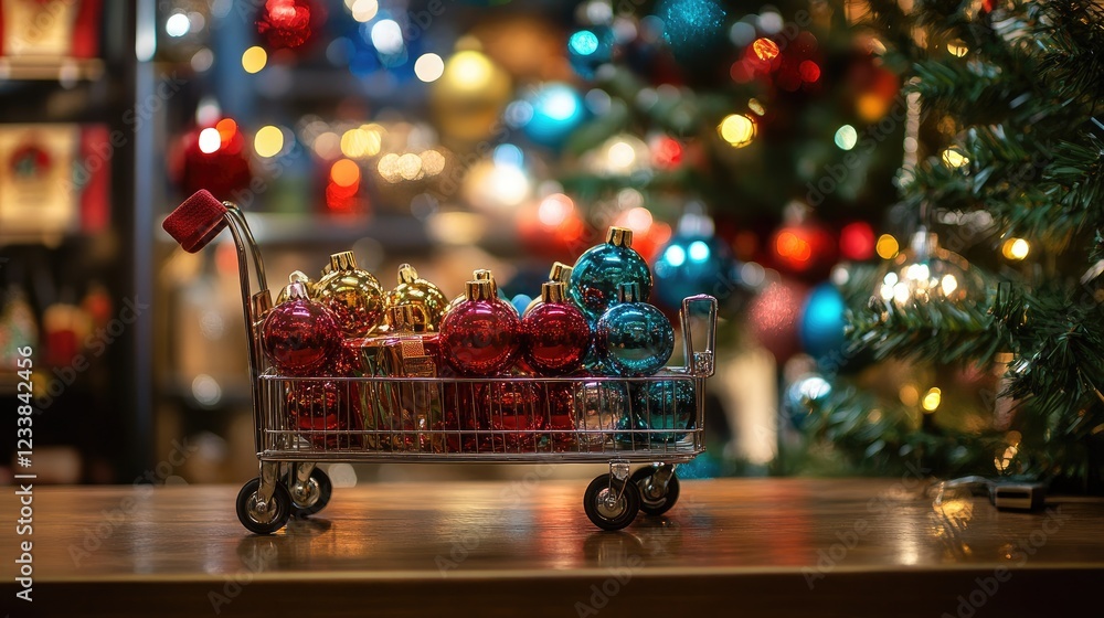 Aufkleber mini shopping cart filled with colorful christmas ornaments on a festive table with bokeh lights and