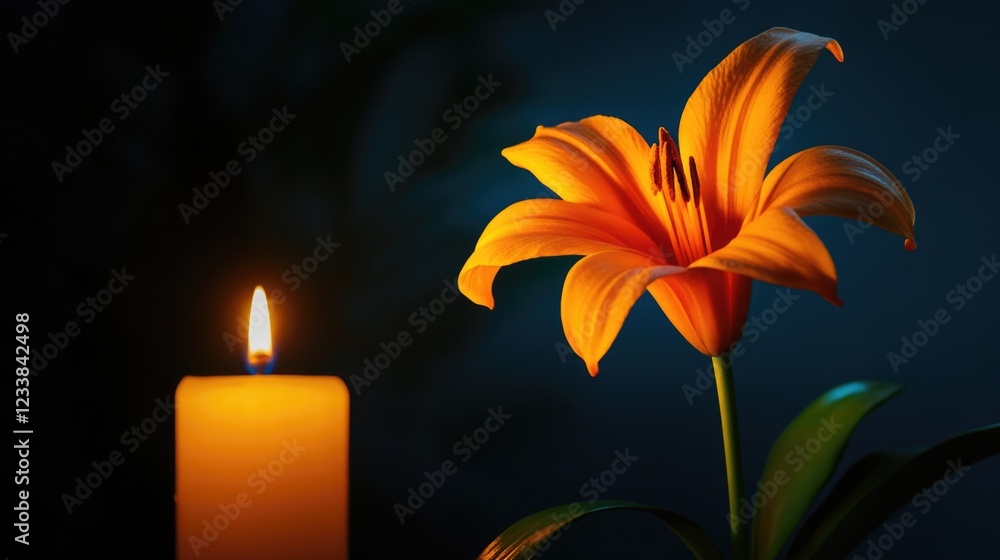 Poster radiant orange lily flower with candle glow against dark background and empty space for text or desi