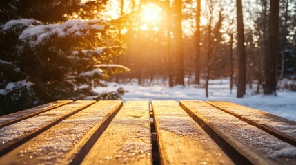 Fototapeta premium Winter Landscape with Snow-Covered Wooden Table in Outdoor Park at Sunrise Creating Space for Text for Holiday or Seasonal Themes