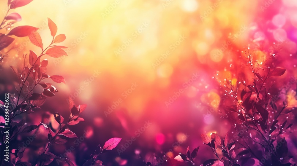Poster vibrant abstract forest background with colorful bokeh and blurred leaves ideal for text overlay and