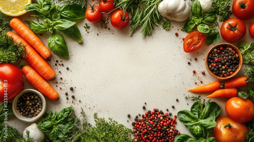 Poster Top view of fresh herbs vegetables and spices on a rustic background with empty space for text or recipe ingredients submission