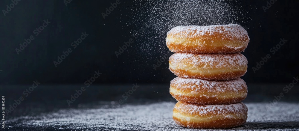 Aufkleber colorful stacked donuts dusted with powdered sugar on a dark background with ample empty space for t