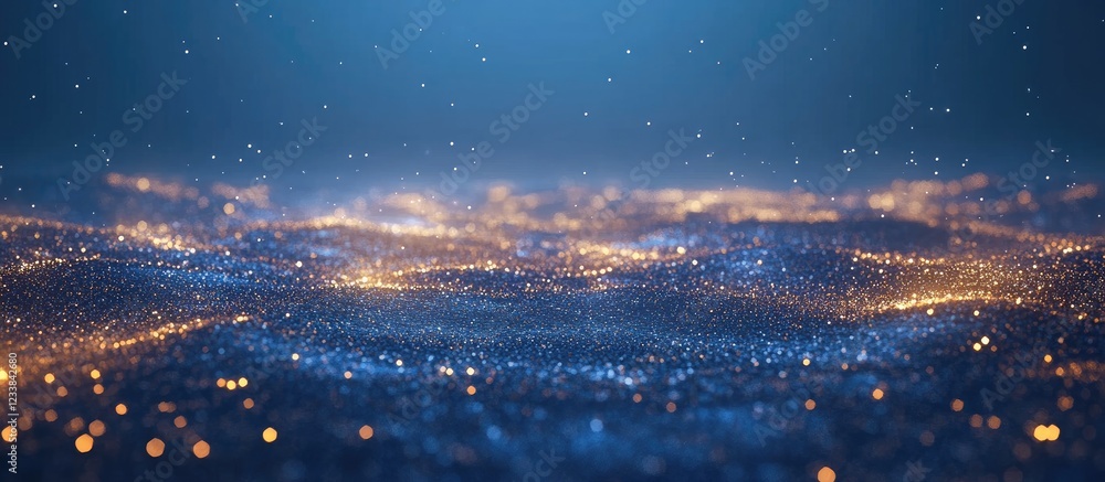 Poster sparkling lights and particle scintillation create a vibrant blue backdrop with ample space for text