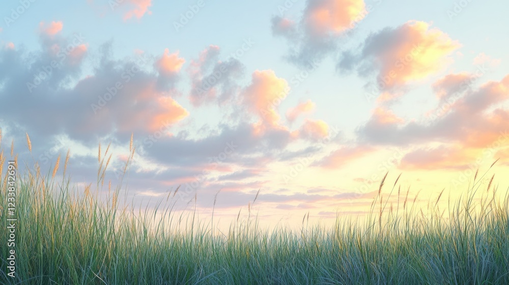 Poster serene sunset over tall grass with colorful clouds and ample copyspace for text in wide format