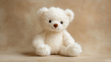 Obraz premium Adorable White Teddy Bear Sitting on Beige Background
