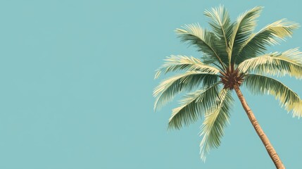 Coconut palm tree with lush green leaves set against a bright blue background ideal for tropical themed designs or summer promotions