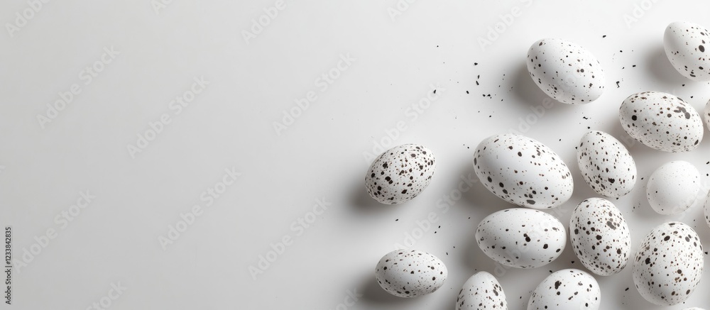Poster high angle view of quail eggs on white background with ample space for text or design elements