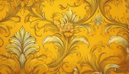 Vintage Elegance Detailed Yellow Damask Pattern Wallpaper Showcasing an Intricate Floral and Leaf Design, Perfect for Interior Decor or Artistic Inspiration.