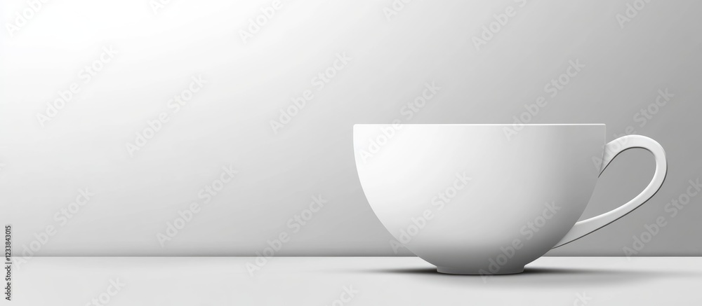 Poster minimalist white glass teacup on gray background with ample negative space for text and design eleme