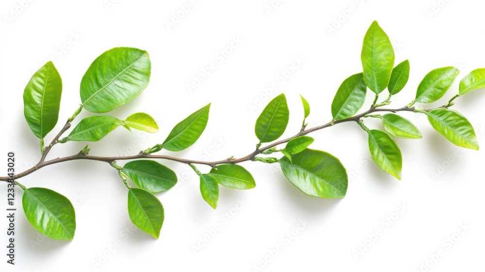 Poster tangerine branch with fresh green leaves isolated on white background for text or design use