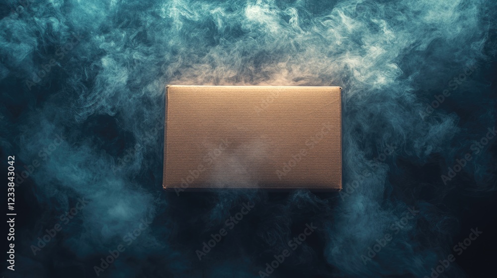 Poster mysterious top view of an empty box surrounded by ethereal smoke and soft lighting in a dramatic atm