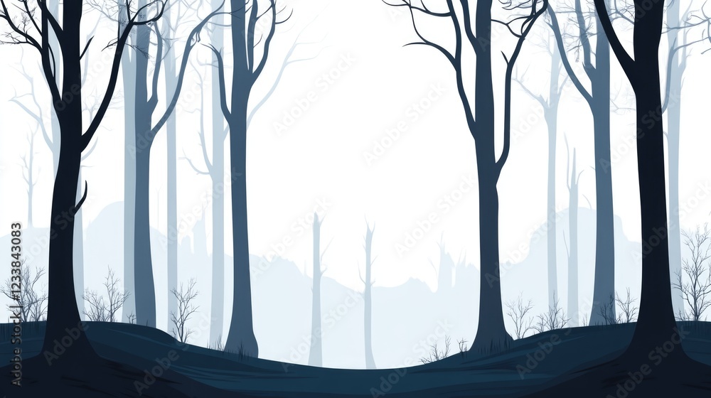 Poster mysterious forest landscape with tall trees and empty copy space for text or graphics