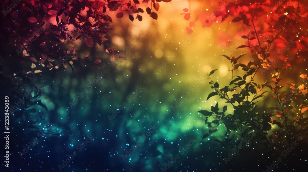 Poster vibrant multicolored forest backdrop with soft blurred bokeh effect ideal for text overlay in nature