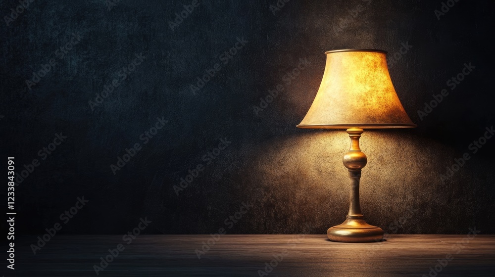Poster vintage gold lamp illuminating a dark room with ample empty space for text or creative design elemen