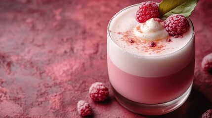 Creamy pink lady cocktail on textured background with fresh raspberries and mint leaves perfect for summer drink promotions