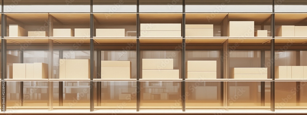 Poster warehouse shelves filled with neatly stacked boxes in a logistics center showcasing abundant empty s