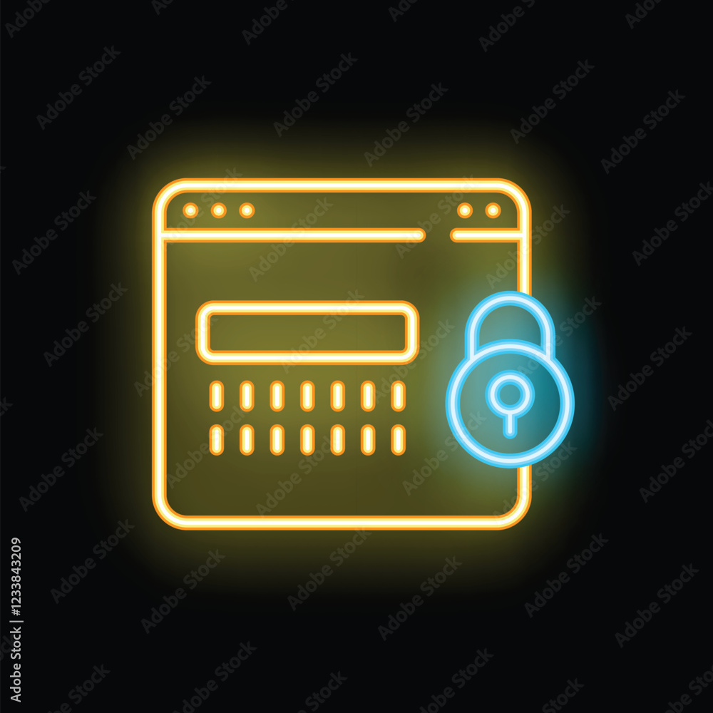 Poster glowing neon sign representing a secure website with a padlock, symbolizing user login and data prot