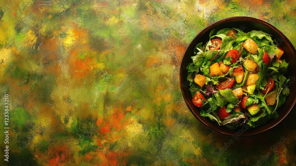 Poster vibrant summer salad in a dark bowl on a colorful textured backdrop with ample copyspace for creativ