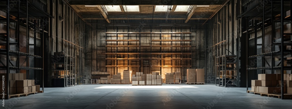 Poster warehouse interior featuring stacked shipping boxes and metal shelving with expansive empty space fo