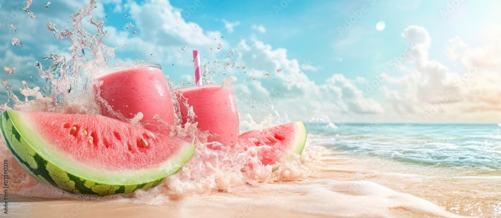 Poster watermelon smoothie splash on tropical beach with vibrant colors and ample space for text and brandi