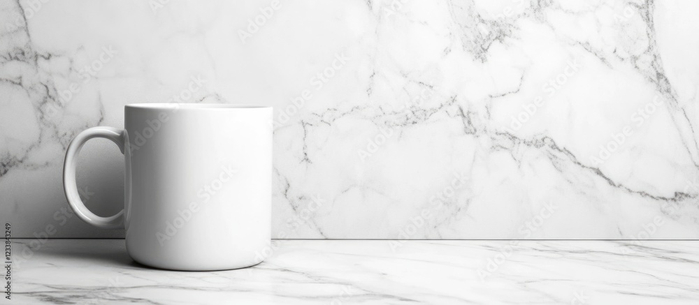 Poster white mug mockup on elegant white marble backdrop with large empty space for custom text or branding