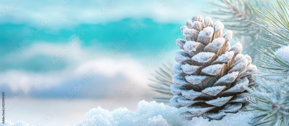 Aufkleber snow-covered white pine cone macro with soft focus background ideal for text placement and seasonal 
