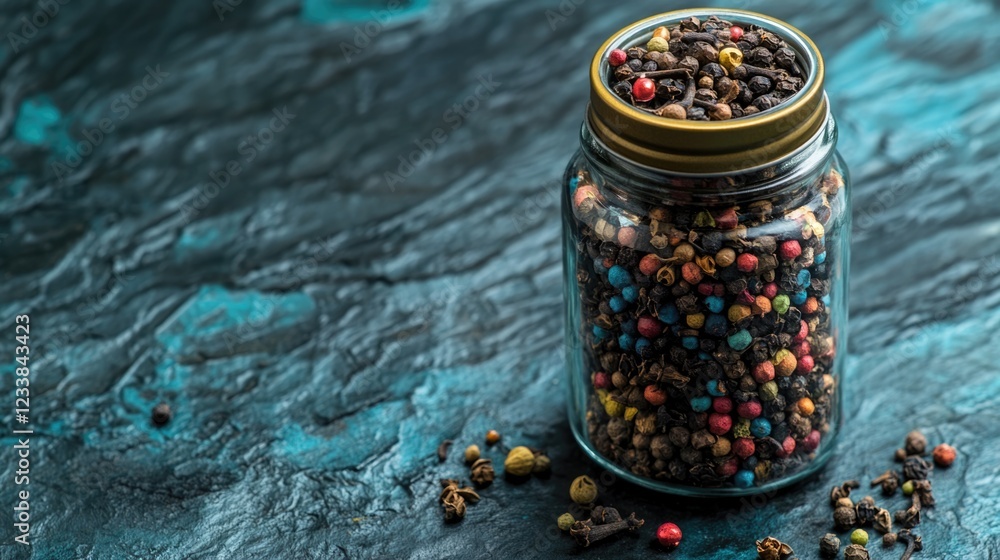 Poster vibrant colorful spices in a glass jar on textured background with empty space for text and design e