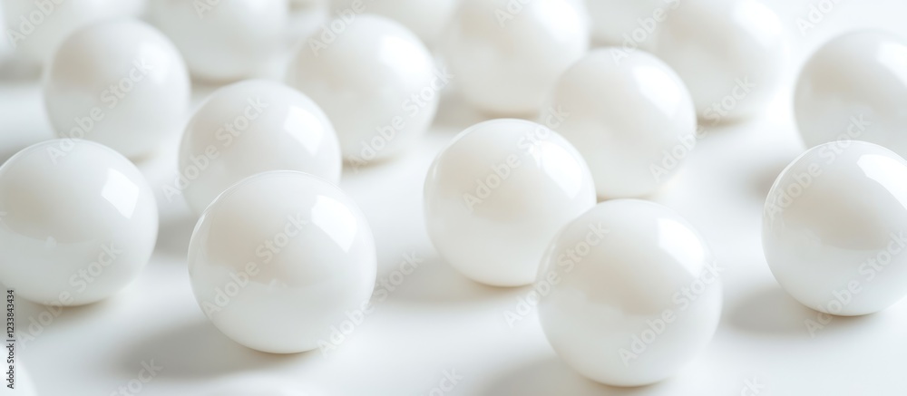 Poster macro view of white spherical objects on a light background with ample blank space for text or graph