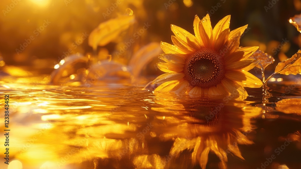 Poster sunflower basking in golden sunlight over shimmering water creating a serene ambiance with ample spa