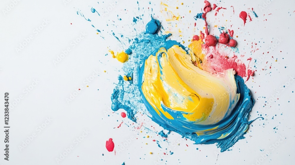 Poster colorful paint splashes and vibrant strokes create a dynamic abstract background with ample white sp