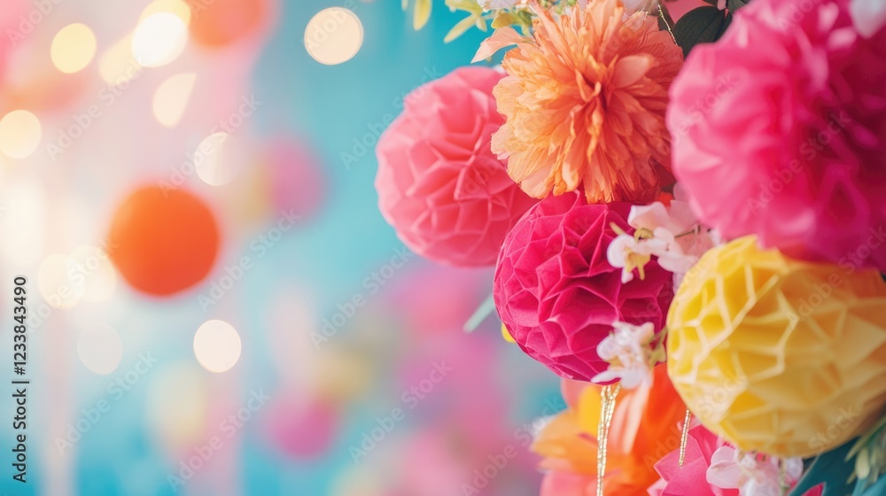 Poster colorful paper decorations for a festival themed wedding creating a lively atmosphere with soft boke