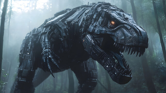 Futuristic robotic Tyrannosaurus rex towering in a misty forest setting at dusk. Generative AI