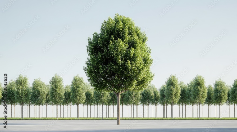 Poster lush green tree standing prominently with a clear sky backdrop and evenly spaced trees creating a se