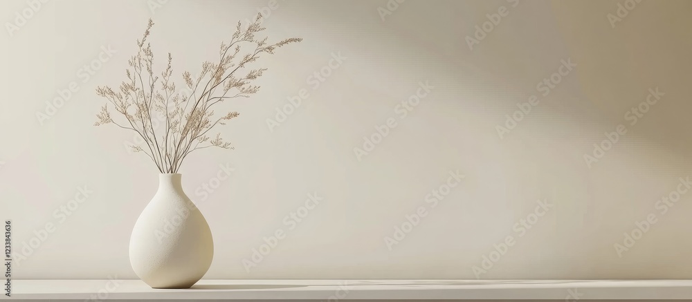Poster abstract still life featuring a white vase with dried stems in neutral tones creating a serene indoo