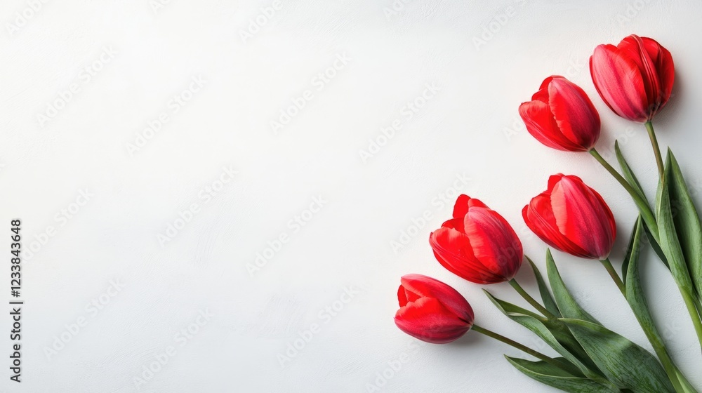 Poster vibrant red tulips arranged artistically on a white background with ample empty space for text or ad