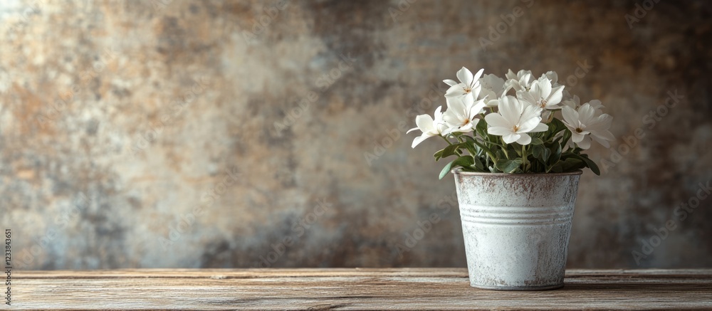 Poster white flower arrangement in a rustic bucket on wooden table with textured background providing ample