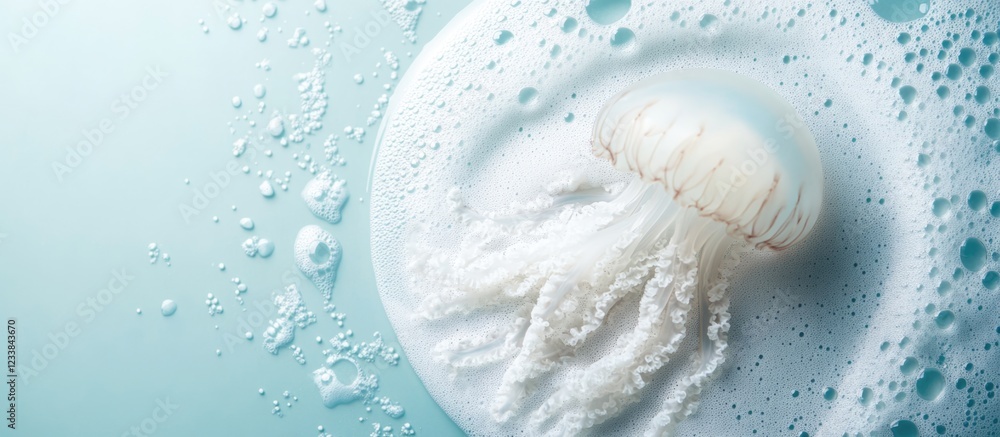Poster jellyfish floating in white foam circle against a soft blue background for calming marine-themed des