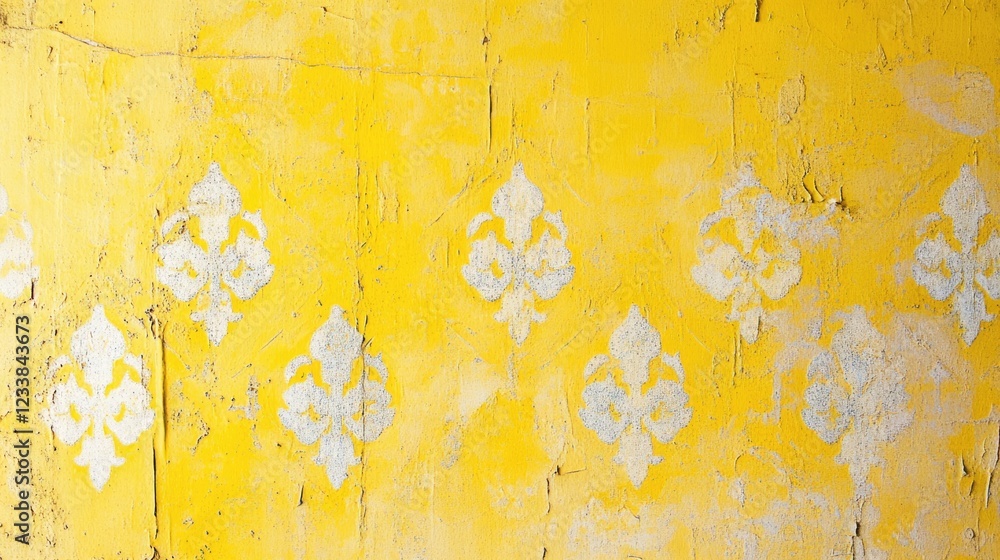 Poster faded vintage yellow wallpaper with graffiti patterns and ample empty space for text or design eleme