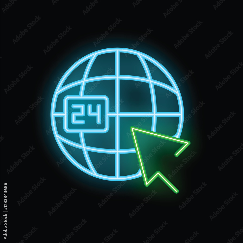 Poster neon icon representing a mouse cursor clicking on a world globe with a 24 hours sign, symbolizing th