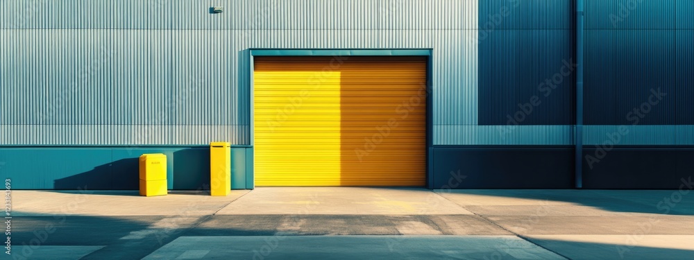 Poster warehouse with a yellow roll-up door and empty space for text perfect for showcasing storage solutio