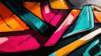 Fototapeta premium Vibrant graffiti artwork features dynamic shapes and bold colors against a dark background, creating an urban, energetic, and visually striking piece.