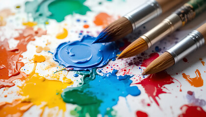Fototapeta premium Colorful Paints and Brushes for Creative Art Activities