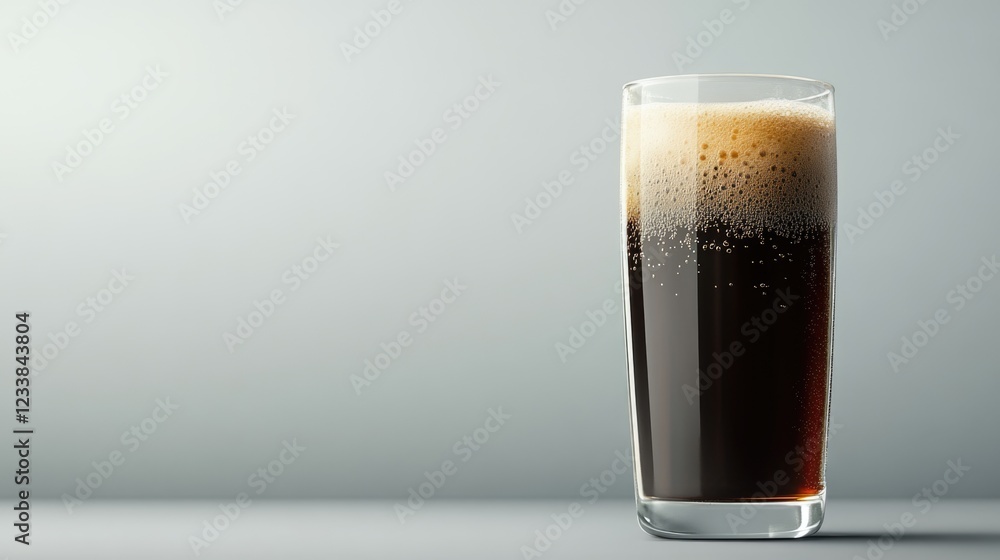 Poster dark cold brew coffee in a tall glass with frothy bubbles against a grey background, featuring ample