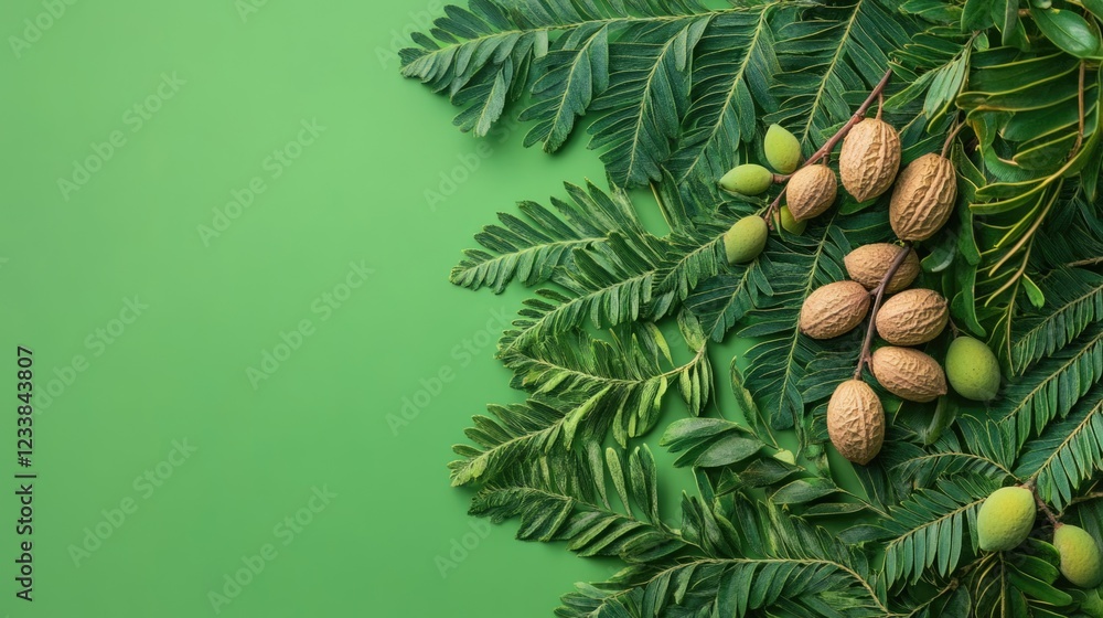 Poster tamarind tree foliage with fresh green leaves and pods creating a natural frame for text on a vibran