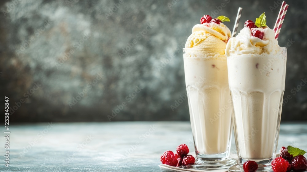 Poster milkshake and ice cream in tall glasses garnished with raspberries on a textured background with amp